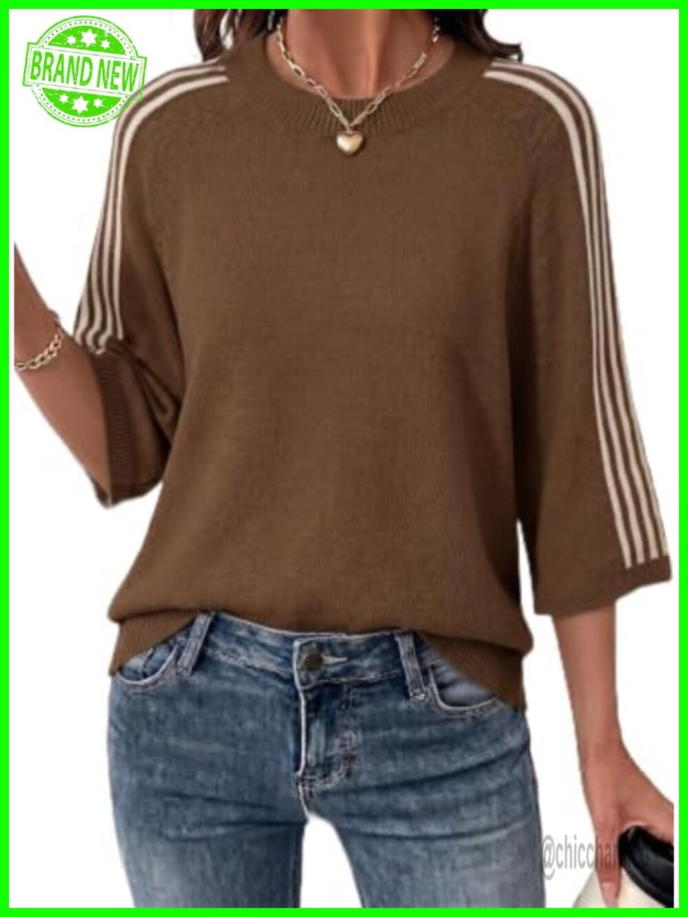 Oversized Cropped 3/4 Sleeve Knit Sweater Crew Neck Pullover